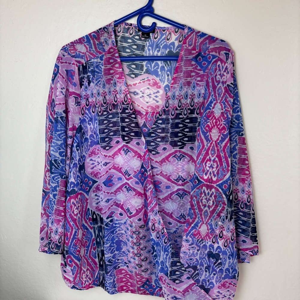 New Direction Curvy wrap blouse in pink/purple print-2X-NWT